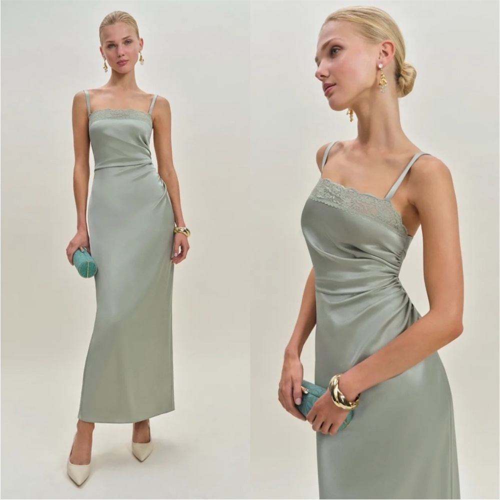 Reformation Sage Green Lace-Trim Midi Slip Dress